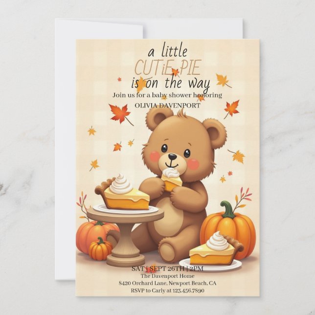 Cutie Pie Gingham Teddy Bear Fall Baby Shower Invitation (Front)