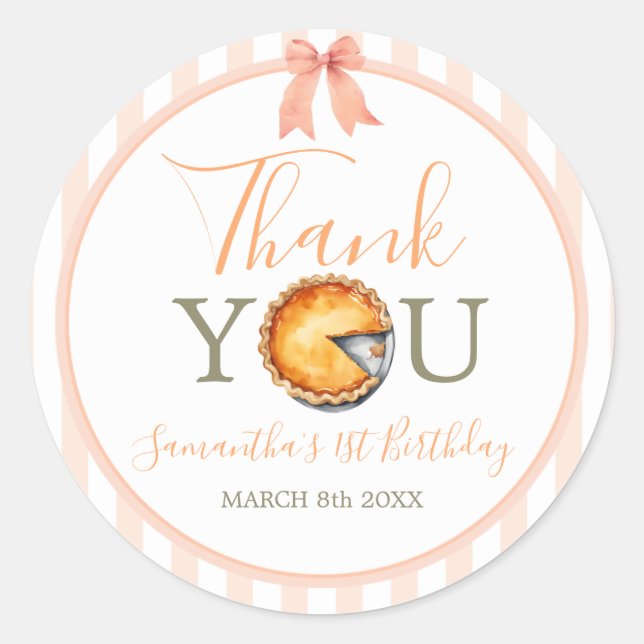 Cutie Pie Orange Gingham 1st Birthday Thank You Classic Round Sticker (Front)