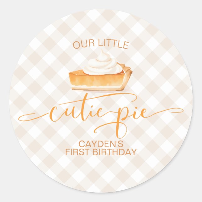 Cutie Pie pumpkin pie Fall plaid First Birthday Classic Round Sticker (Front)