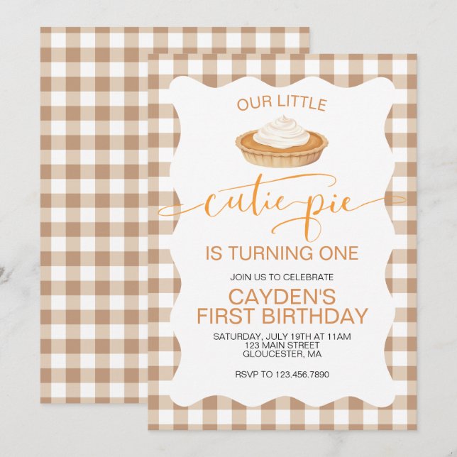 Cutie Pie pumpkin pie Fall plaid First Birthday Invitation (Front/Back)