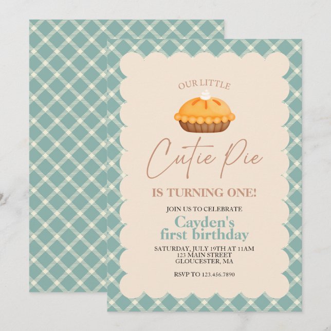 Cutie Pie pumpkin pie Fall plaid First Birthday Invitation (Front/Back)