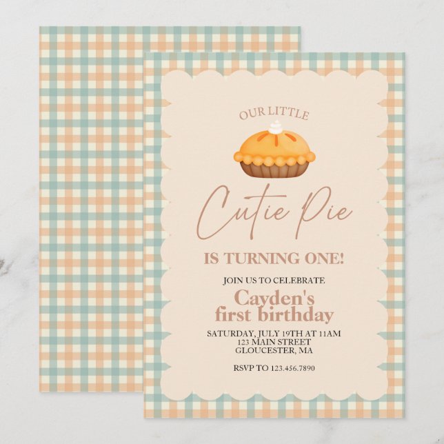 Cutie Pie pumpkin pie Fall plaid First Birthday Invitation (Front/Back)