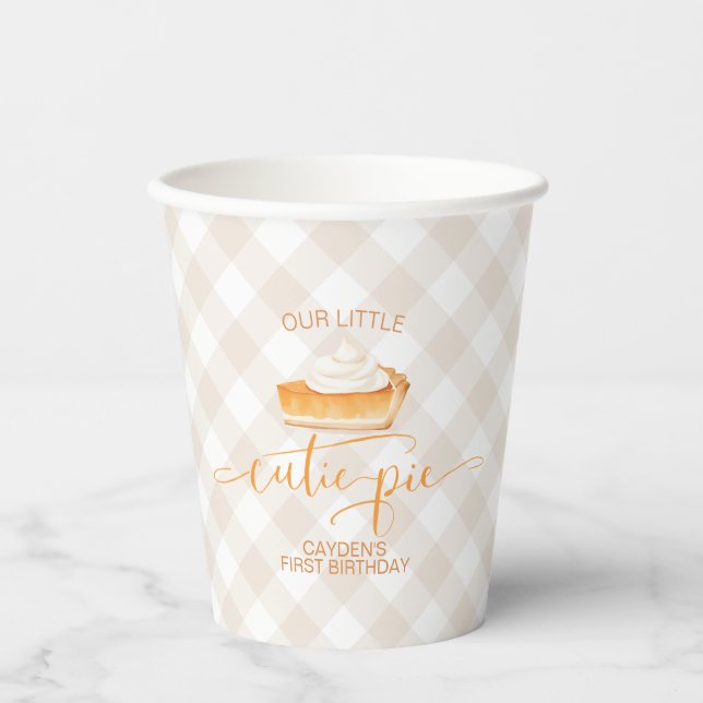 Cutie Pie pumpkin pie Fall plaid First Birthday Paper Cups (Front)
