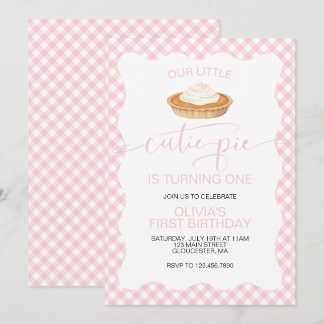Cutie Pie pumpkin pie pink plaid First Birthday Invitation (Front/Back)