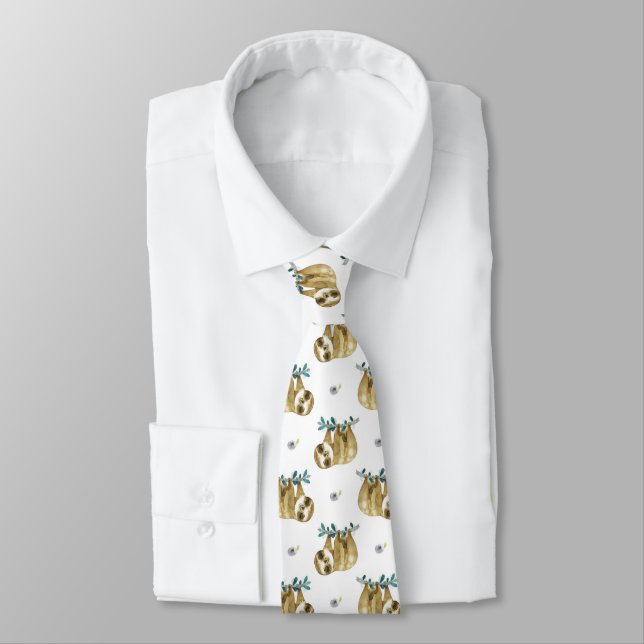 Cutie Pie Watercolor Sloth Pattern Tie (Tied)