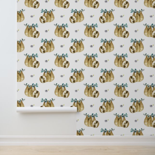 Cutie Pie Watercolor Sloth Pattern Wallpaper (Application)
