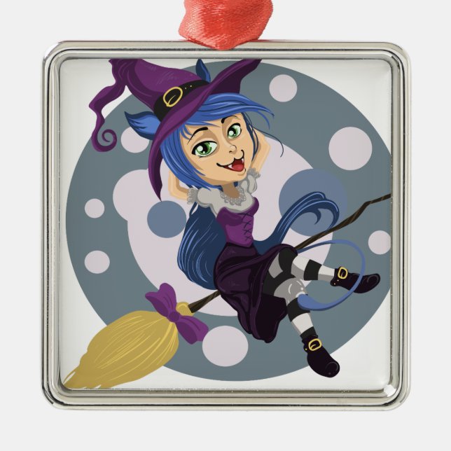 Cutie Witch with broom Halloween Metal Ornament (Front)
