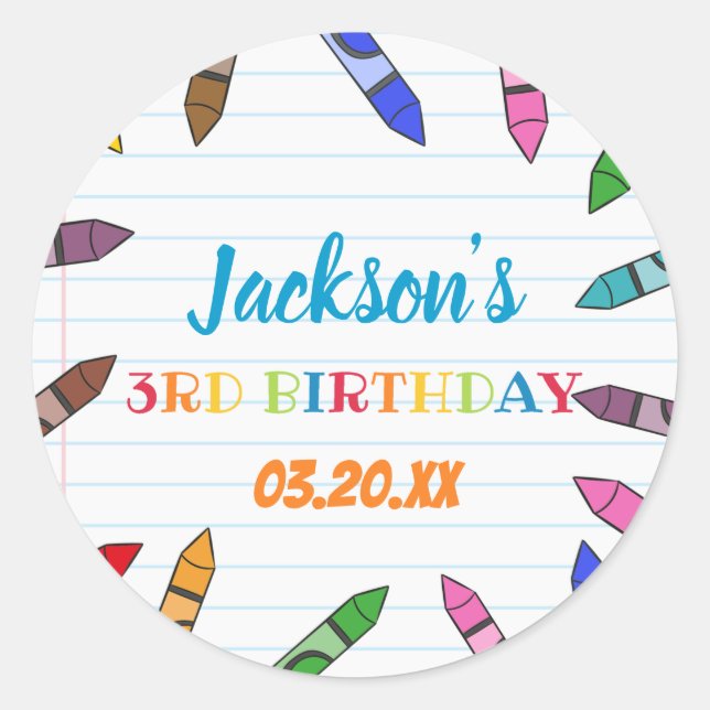 Cuties Crayon Art Paper Colourful Party Birthday  Classic Round Sticker (Front)
