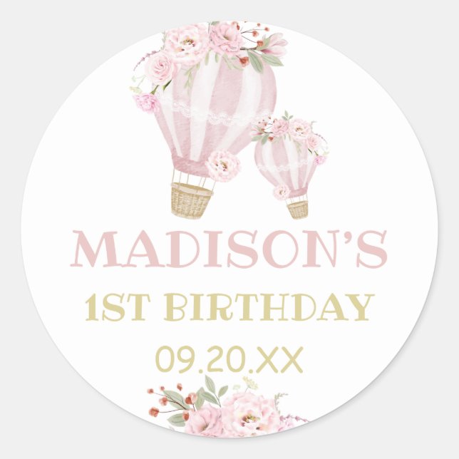 Cuties Flower Hot Air Balloon Girl 1st Birthday  Classic Round Sticker (Front)