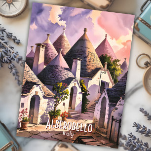 Cutom Alberobello Trulli Houses Italy Watercolor Postcard