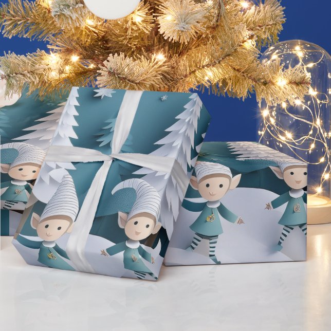 Cutout Elves in the Snow Christmas  Wrapping Paper (Holidays)
