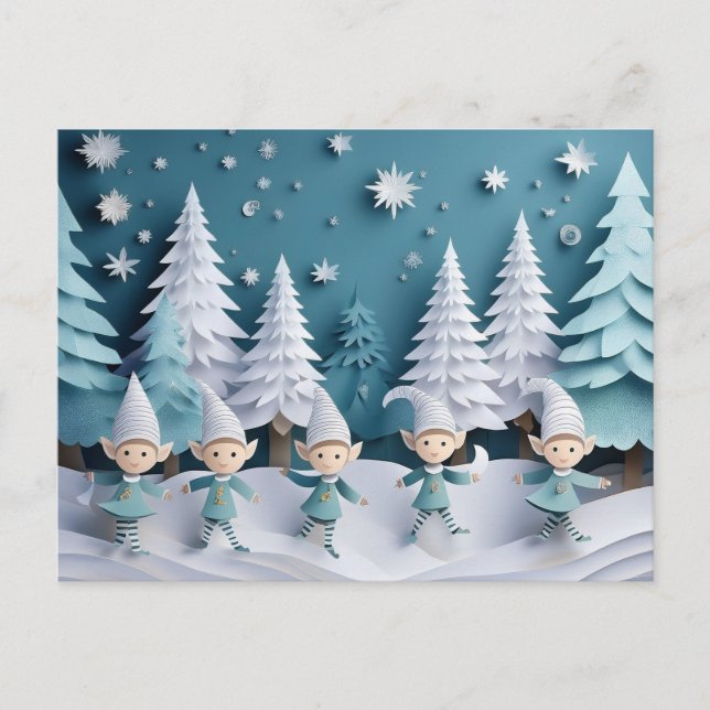 Cutout Elves in the Snow Personalized Christmas  Holiday Postcard (Front)