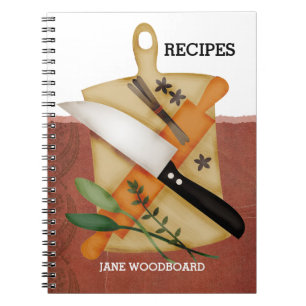 Cutting board chefs knife rolling pin herbs spices notebook