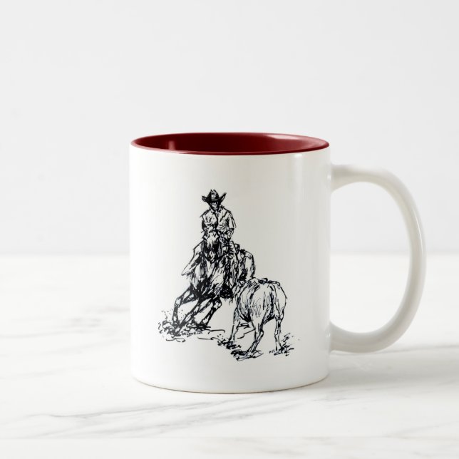 Cutting Horse Western Sketch Design Two-Tone Coffee Mug (Right)