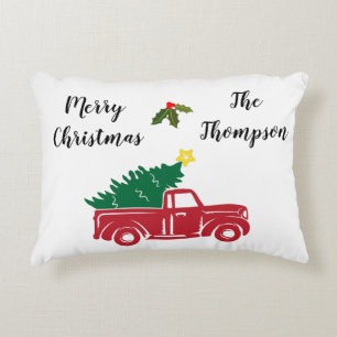 Cuty simply farmhouse red truck with family name accent pillow