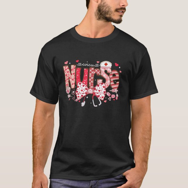 CVICU Nurse Stethoscope Coquette Bow Heart Valenti T-Shirt (Front)