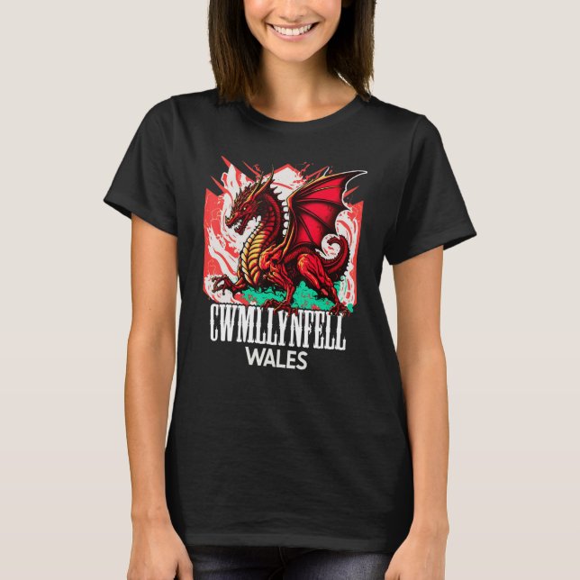 Cwmllynfell Wales Welsh Flag Y Ddraig Goch Dragon T-Shirt (Front)