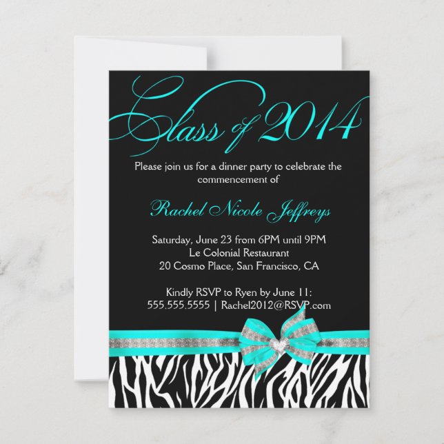 [CWR Tonya G] Black White Teal Zebra Graduation Invitation (Front)