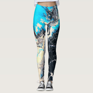 Cyan and black fluid acrylic paint Art work Leggings