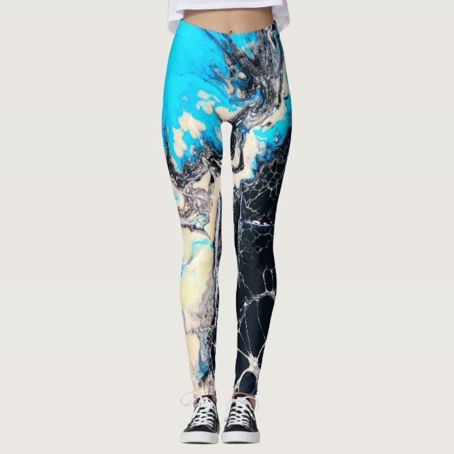 Cyan and black fluid acrylic paint Art work Leggings (Front)