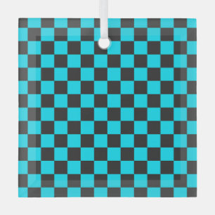 Cyan and charcoal checkerboard pattern glass ornament