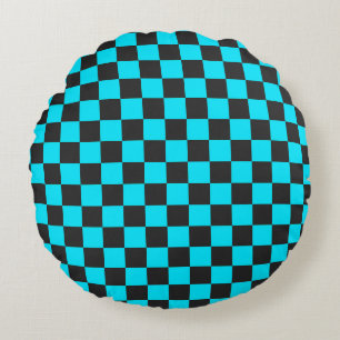 Cyan and charcoal checkerboard pattern round pillow