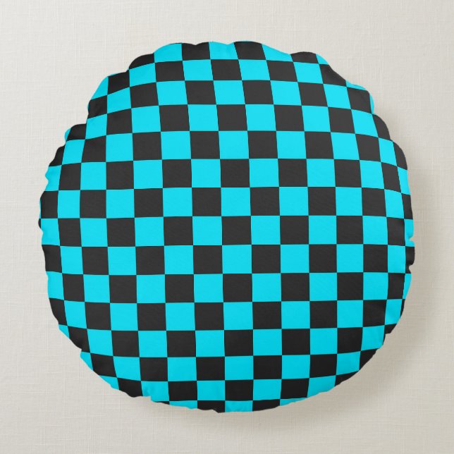 Cyan and charcoal checkerboard pattern round pillow (Front)