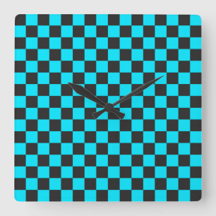Cyan and charcoal checkerboard pattern square wall clock