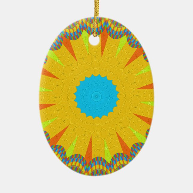 Cyan and Gold Mandala Art Print Ceramic Ornament (Front)