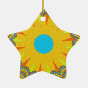 Cyan and Gold Mandala Art Print Ceramic Ornament