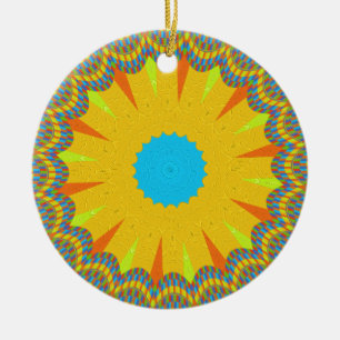 Cyan and Gold Mandala Art Print Ceramic Ornament