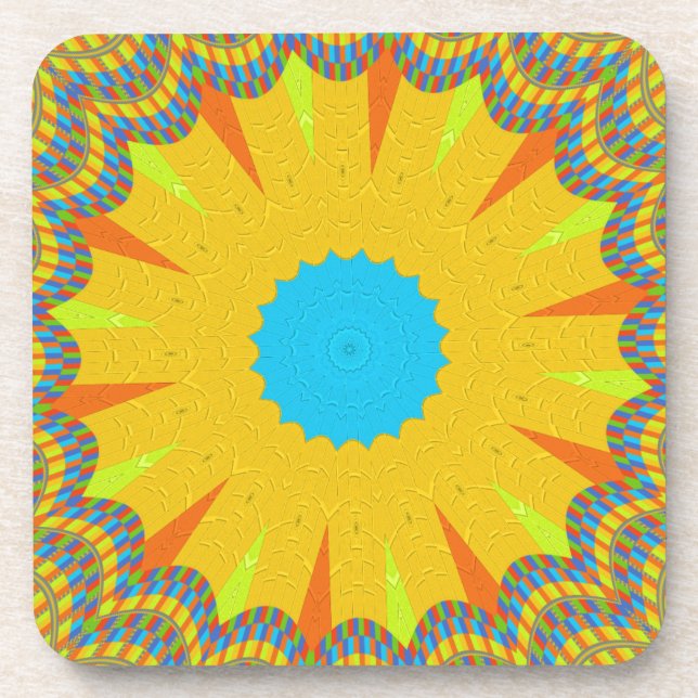 Cyan and Gold Mandala Art Print Coaster (Front)