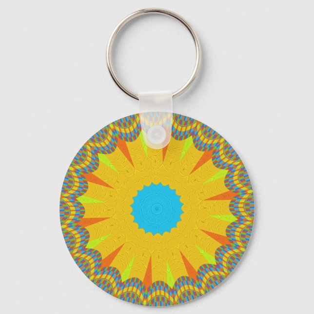 Cyan and Gold Mandala Art Print Keychain (Front)