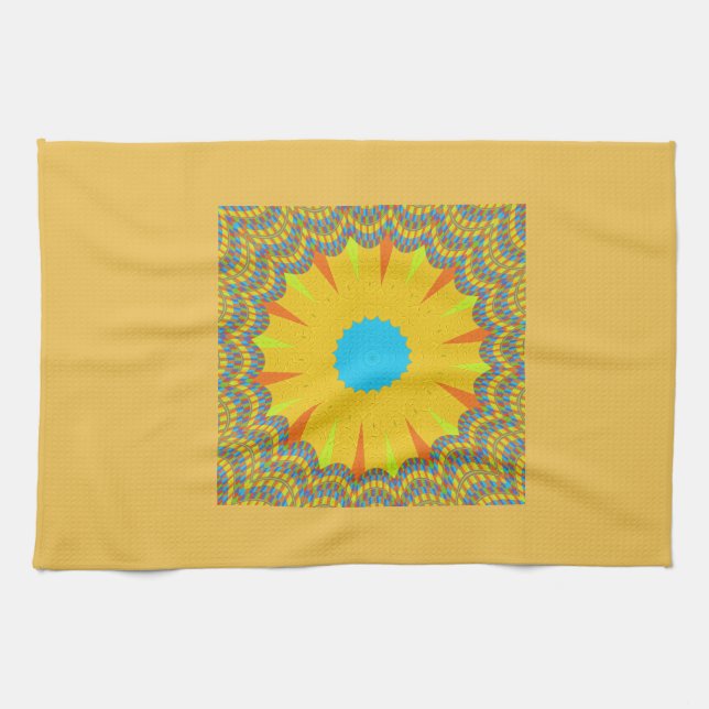Cyan and Gold Mandala Art Print Kitchen Towel (Horizontal)