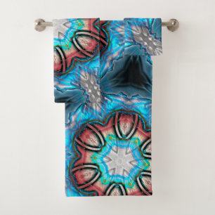 Cyan and silver kaleidoscope with rough painted bath towel set