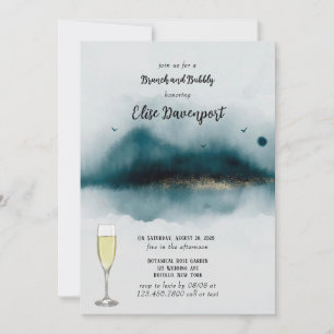 Cyan Beach And Gold Flecks Brunch and Bubbly Invitation