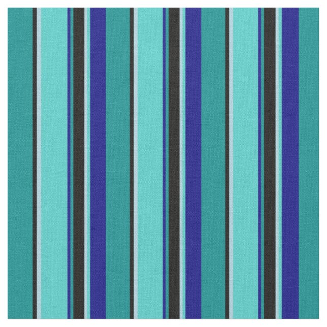 Cyan, Black, Light Blue, Turquoise & Blue Lines Fabric (Close Up)