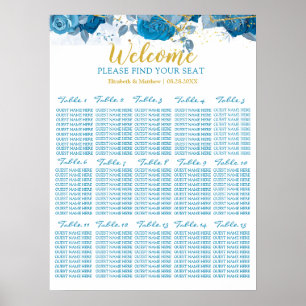 Cyan Blue And Gold Floral Wedding Seating Chart