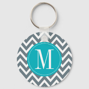 Cyan Blue and Grey Chevron Custom Monogram Keychain