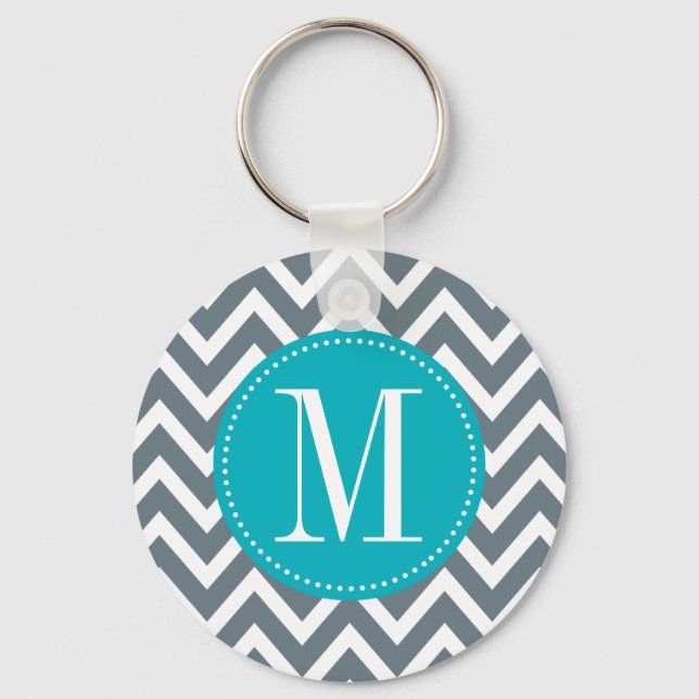 Cyan Blue and Grey Chevron Custom Monogram Keychain (Front)