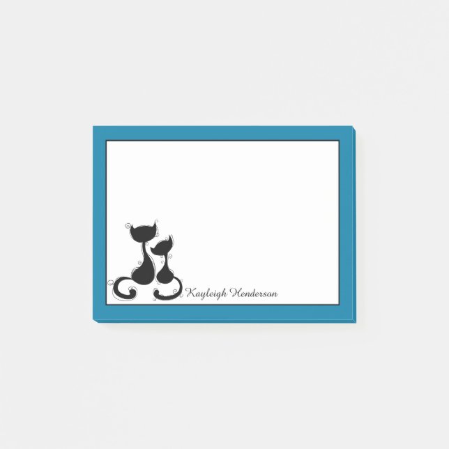 Cyan Blue Black Cats Silhouette Personalized Post-it Notes (Front)