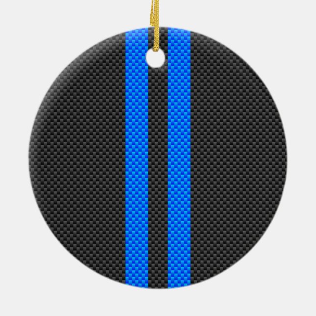 Cyan Blue Carbon Fibre Style Racing Stripes Ceramic Ornament (Back)