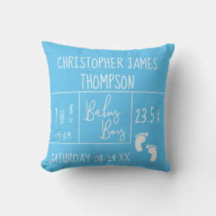 Cyan Blue Custom Baby Boy photo Birth stat Throw Pillow