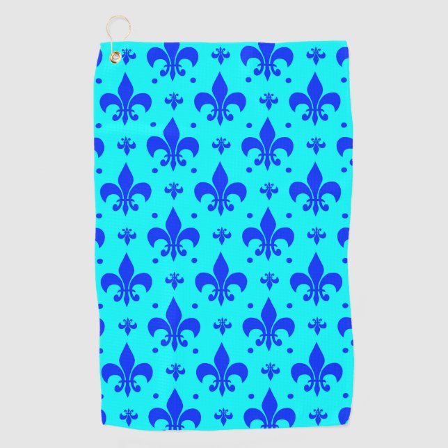 Cyan Blue Fleur-de-lis Pattern Design  Golf Towel (Front)