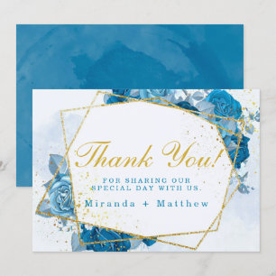 Cyan Blue Floraks And Gold Wedding Thank You Cards