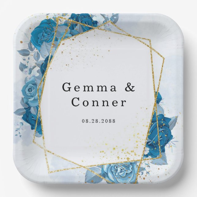Cyan Blue Rustic Geometric Floral Wedding Paper Plate (Front)