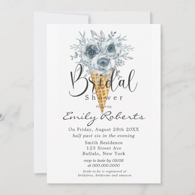 Cyan Blue Tan Peony Ice Cream Cone Bridal Shower Invitation (Front)