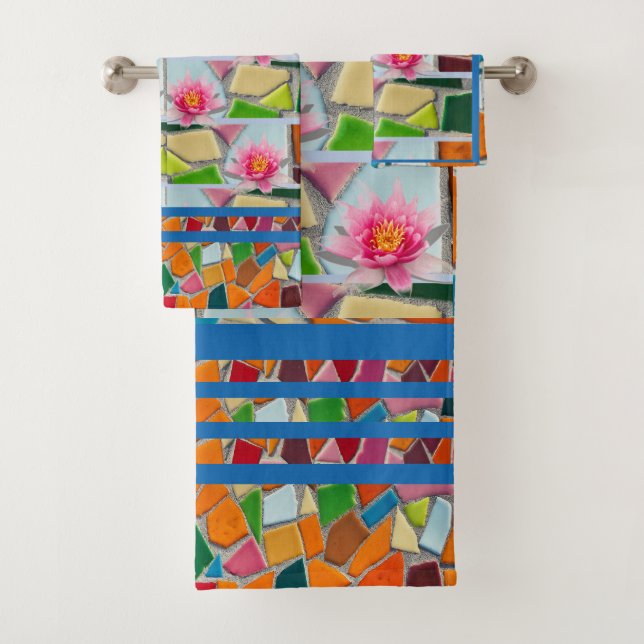 Cyan Blue Water Lily w/ Mosaic Pattern Bath Towel Set (Insitu)