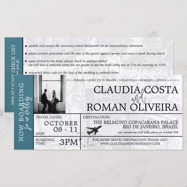 Cyan Brazil Wedding Boarding Pass Invitation (Front/Back)
