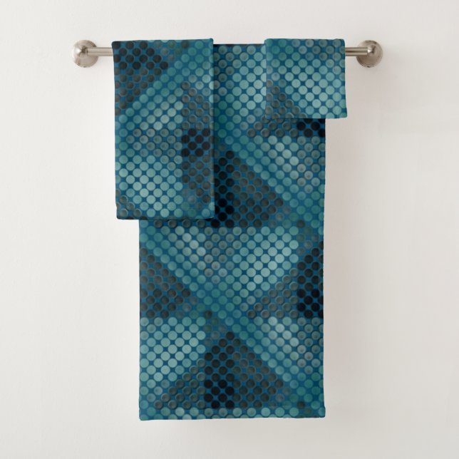 Cyan buttons over blue, forming geometric shapes  bath towel set (Insitu)